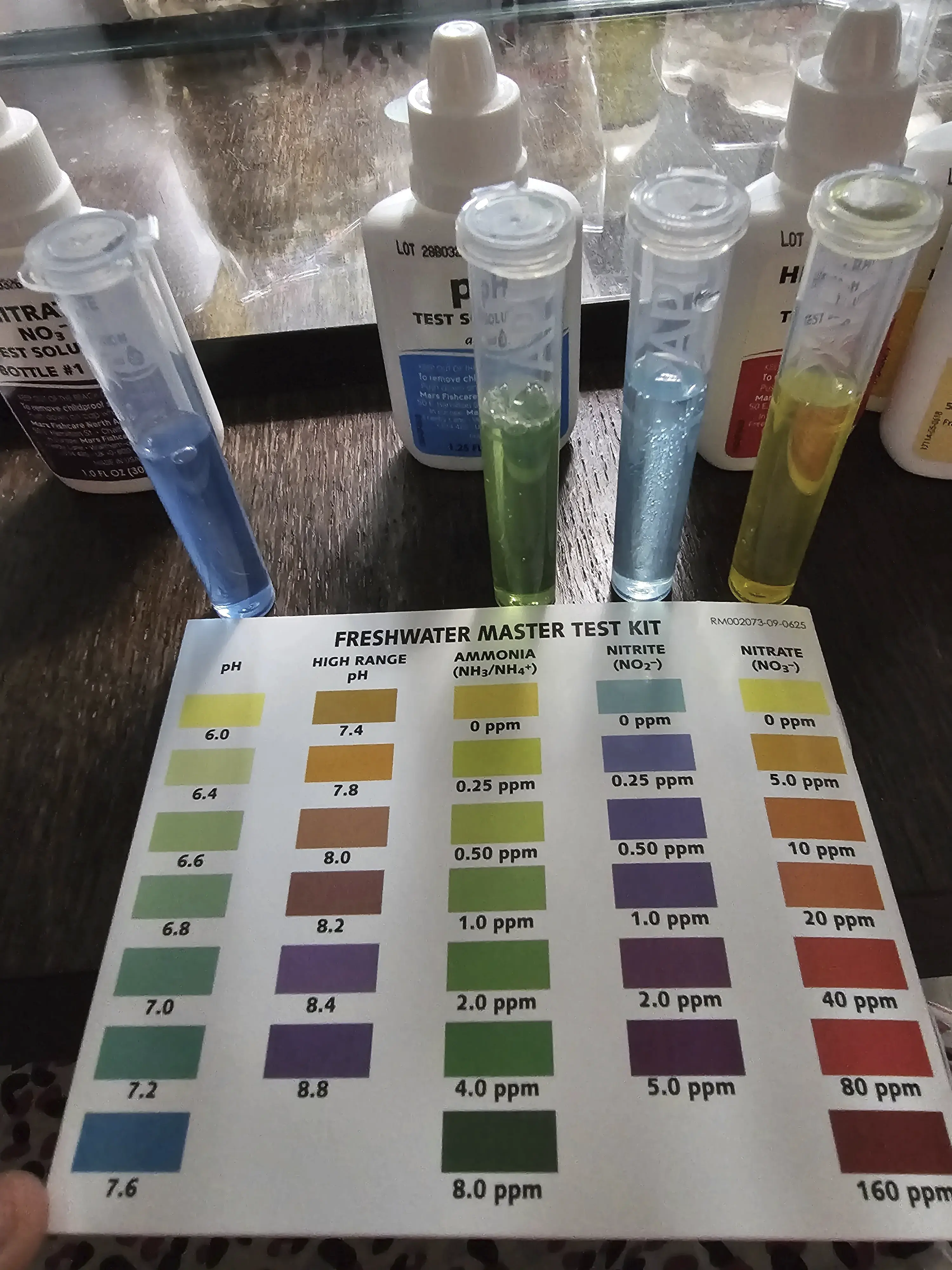 Blue pH test tube indicates 7.4-7.6, light green ammonia test tube indicates 0.25-0.5 ppm, light blue nitrite test tube indicates 0.0 ppm, yellow nitrate test tube indicates 0.0 ppm