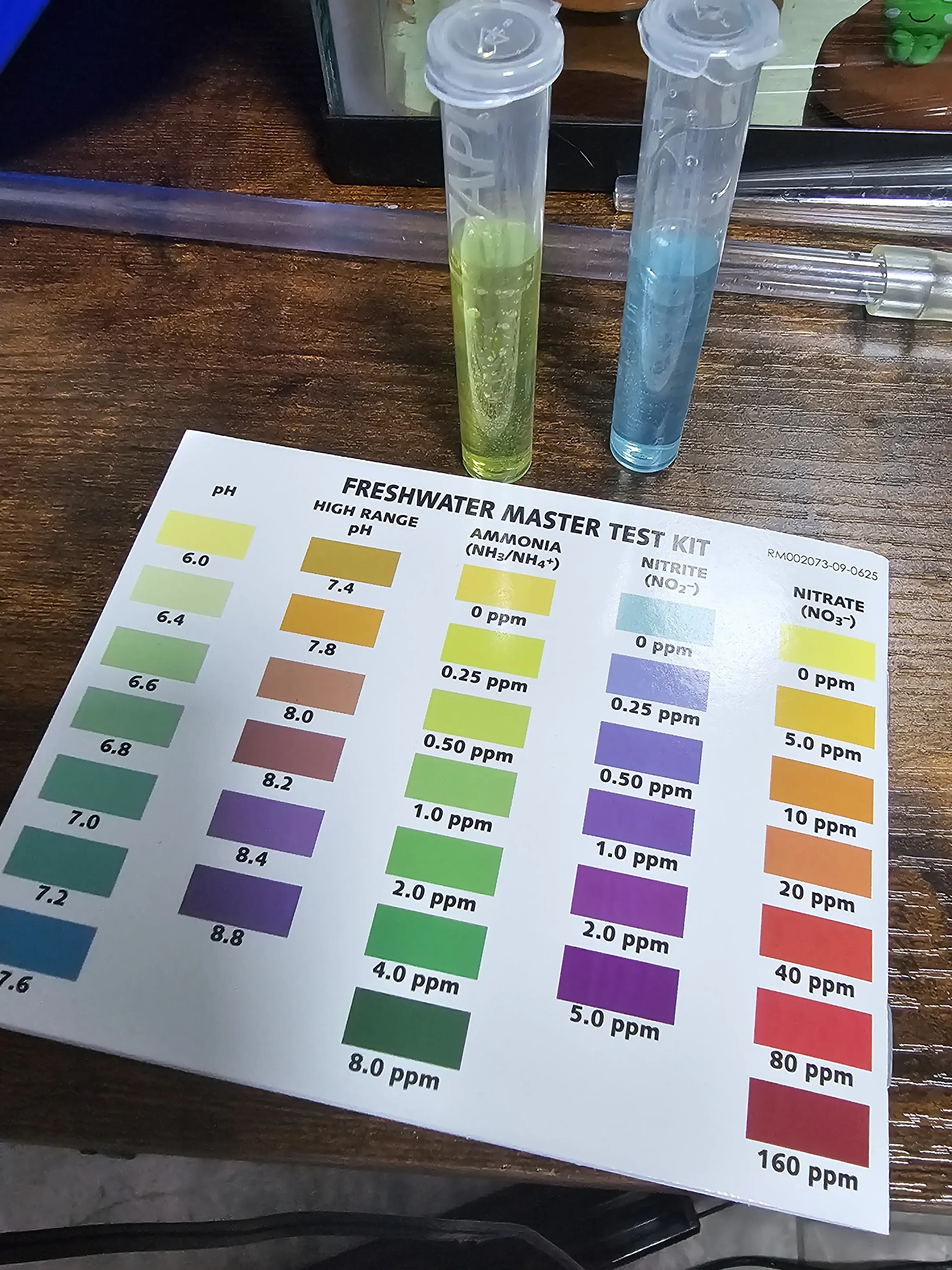 light green ammonia test tube indicates 0.25 ppm, light blue nitrite test tube indicates 0.0 ppm