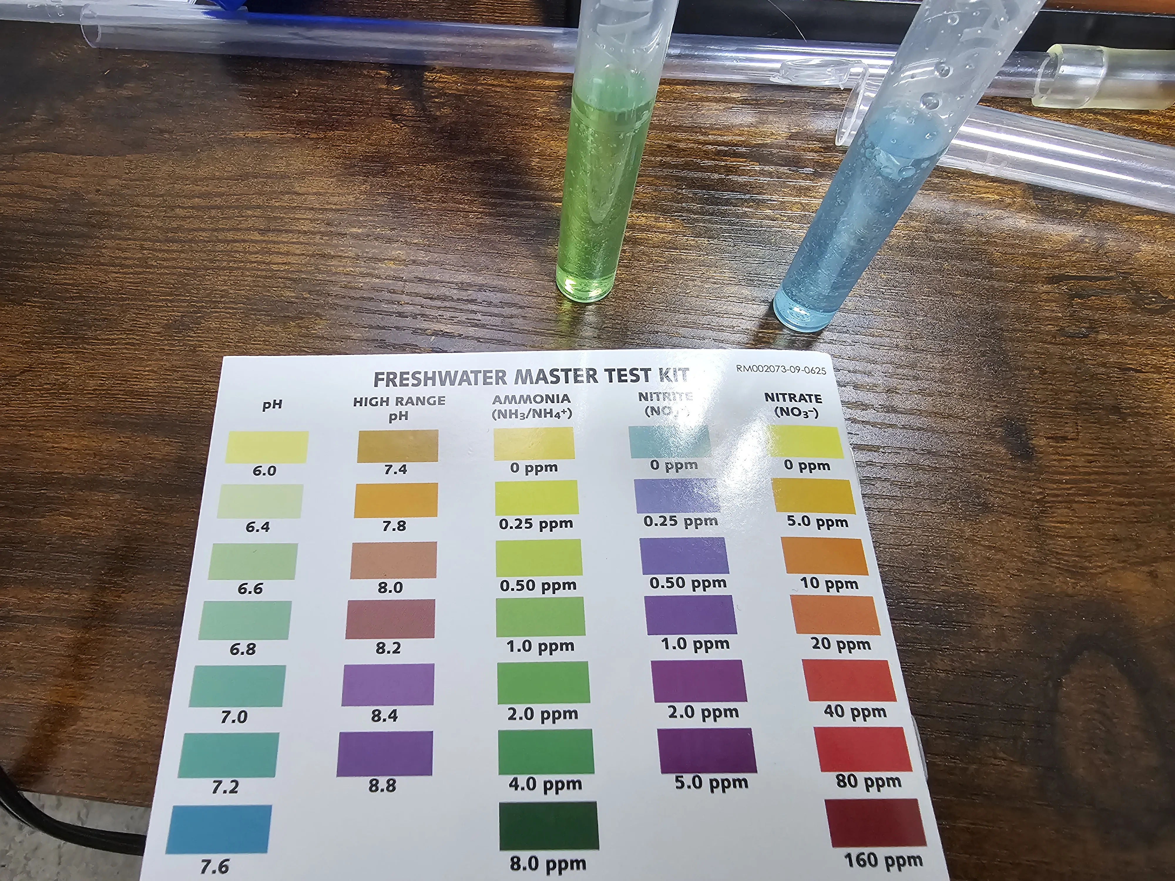 mid-to-light green ammonia test tube indicates about 1.0-1.5 ppm, light blue nitrite test tube indicates 0.0 ppm
