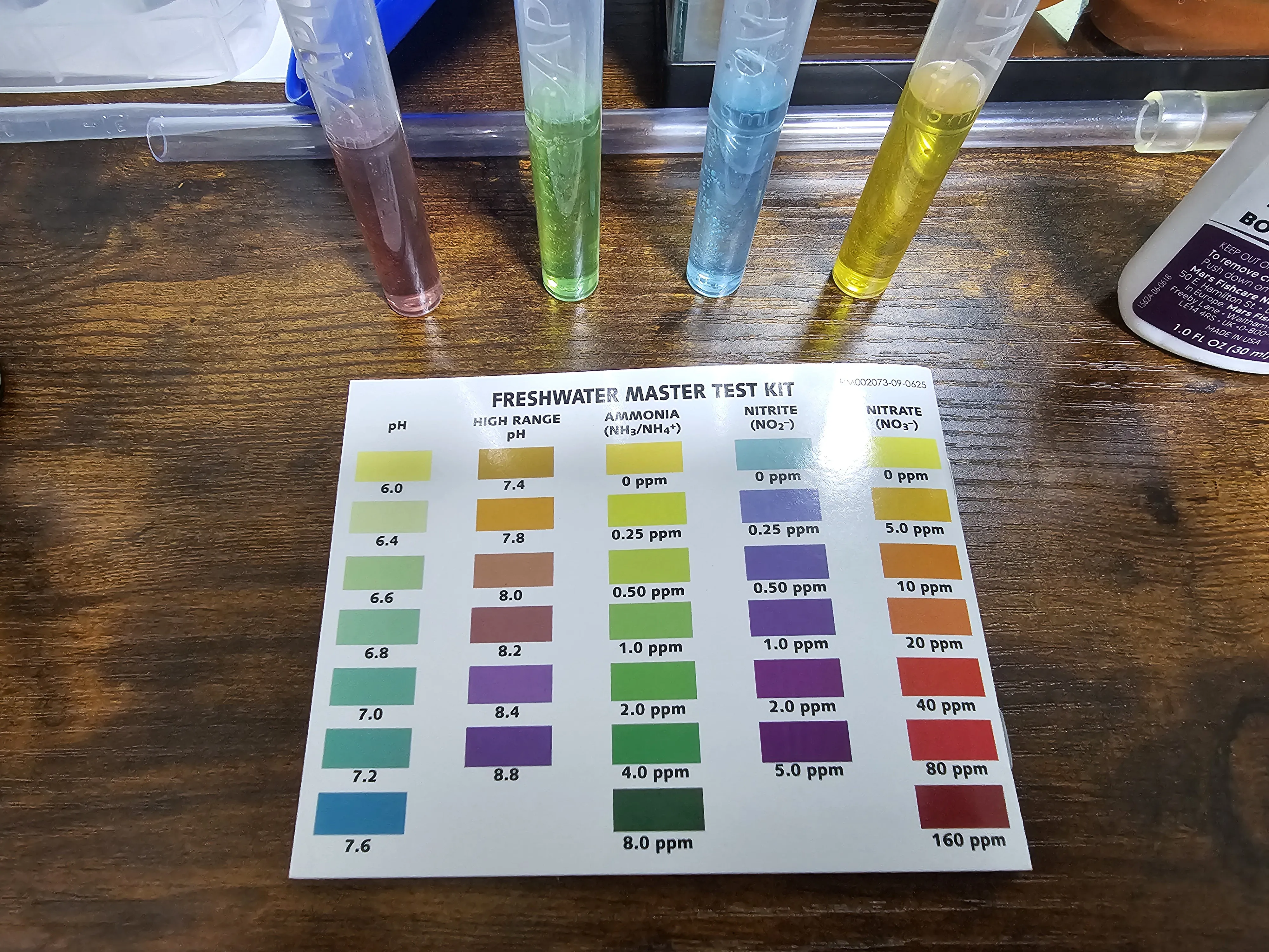 light blue nitrite test tube indicates 0.0 ppm