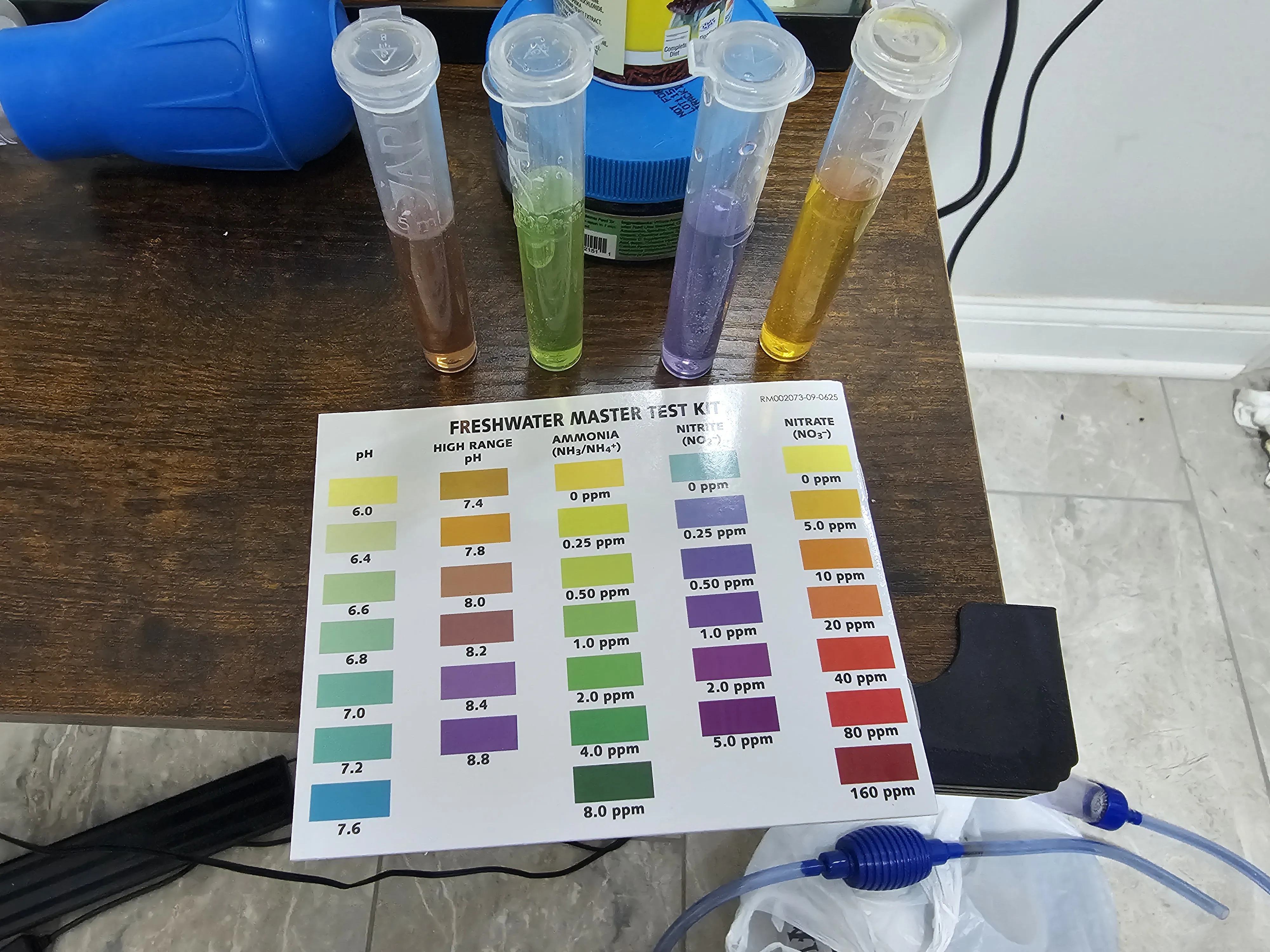 brown pH test tube indicates 8.0 pH, green ammonia test tube indicates 1.0 ppm, purple-blue nitrite test tube indicates 0.25 ppm, yellow-orange nitrate test tube indicates 0-5 ppm