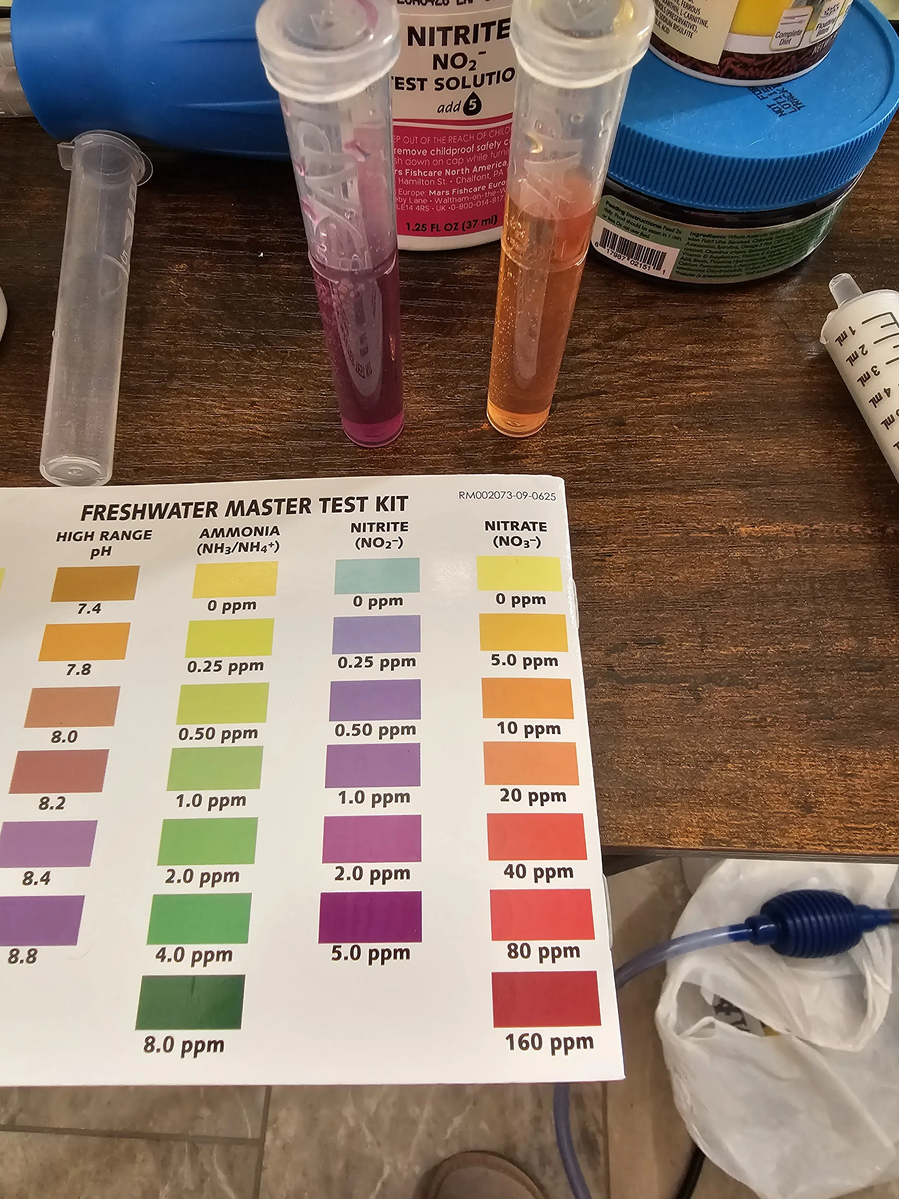 deep purple nitrite test tube indicates 2-5 ppm, orange nitrate test tube indicates 5-10 ppm