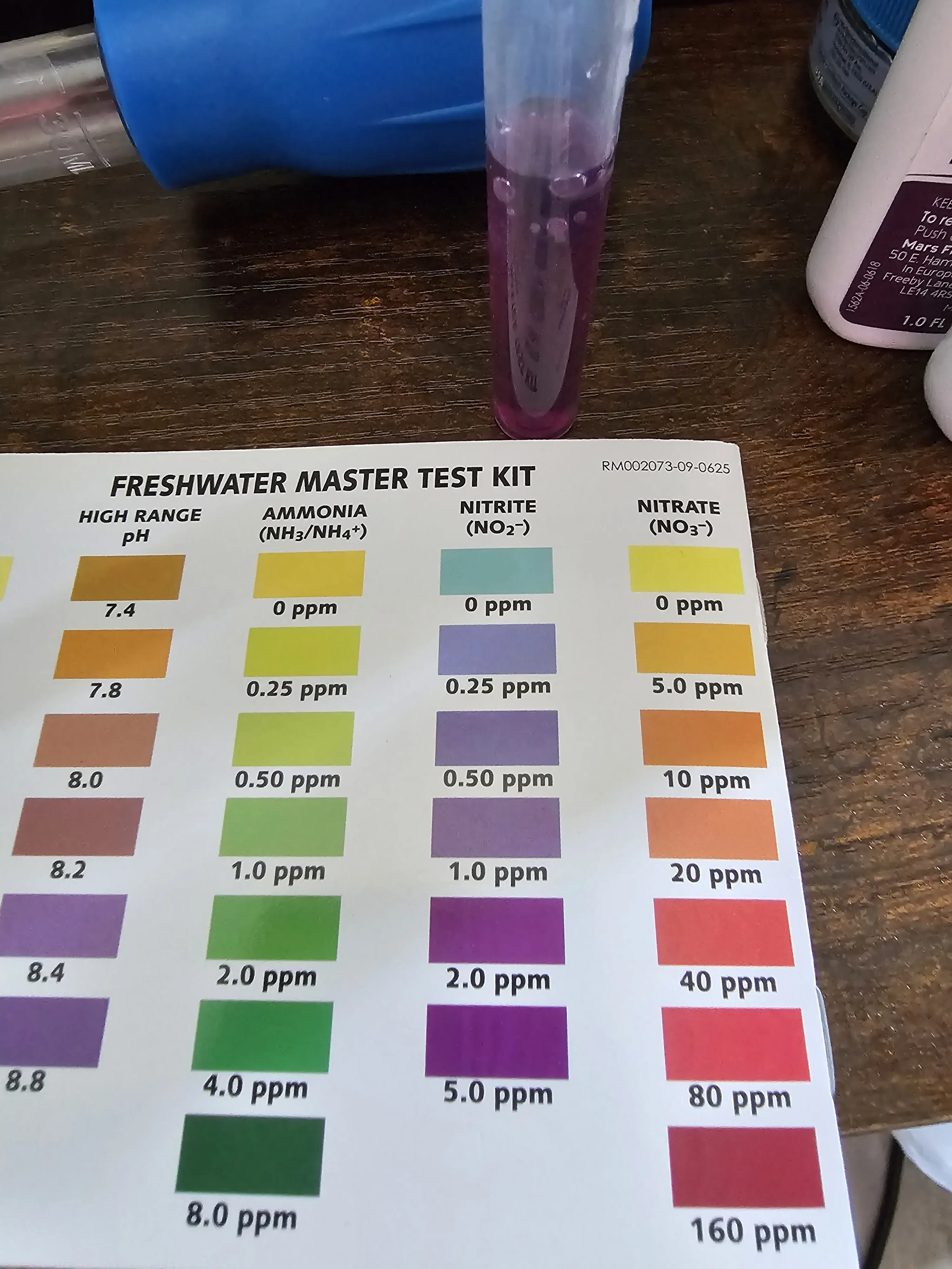 deep purple nitrite test tube indicates 2-5 ppm