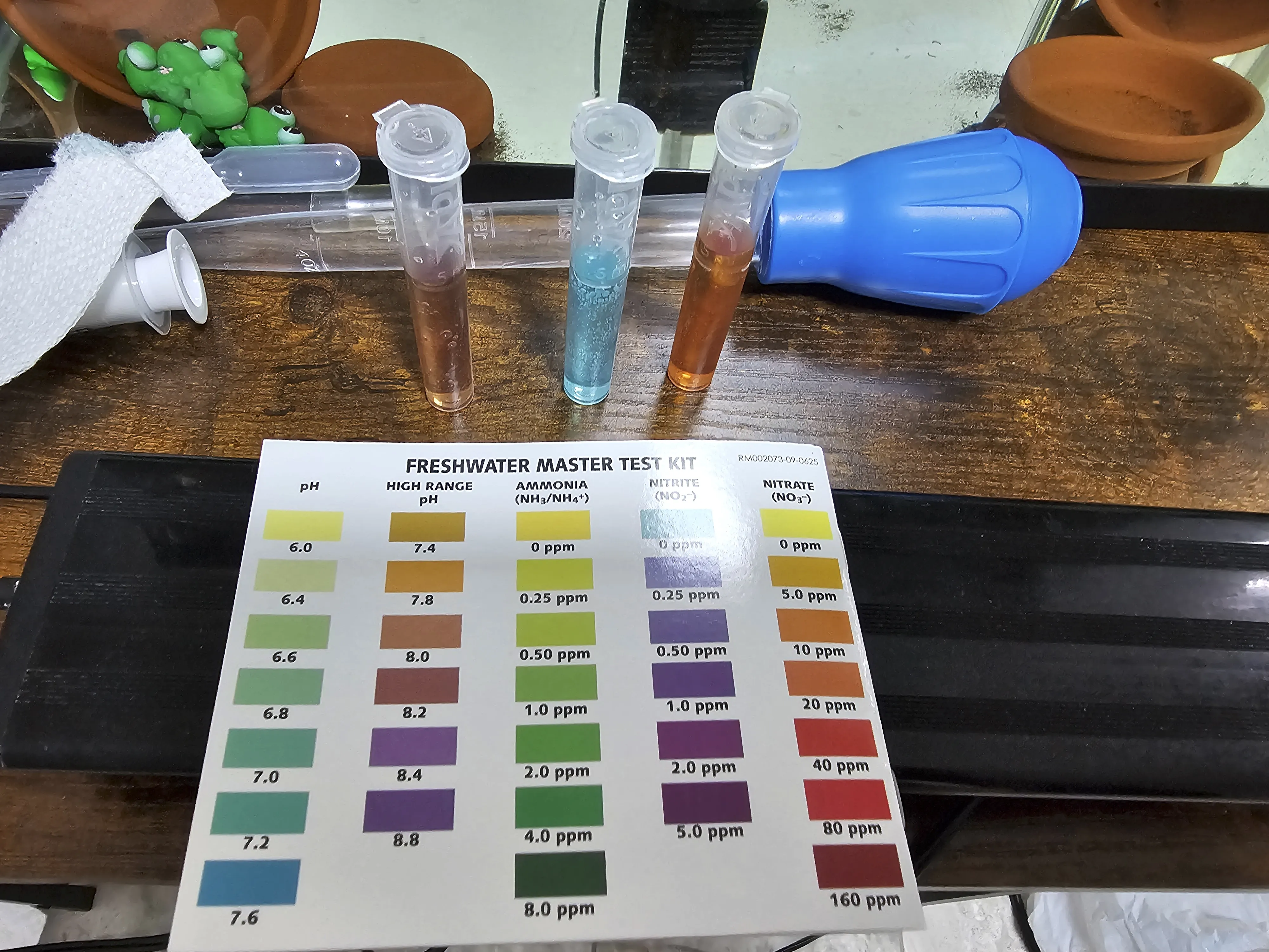 brown test tube indicates 7.5 pH, light blue test tube indicates 0 ppm nitrites, 
                orange test tube indicates approximately 10 ppm nitrates