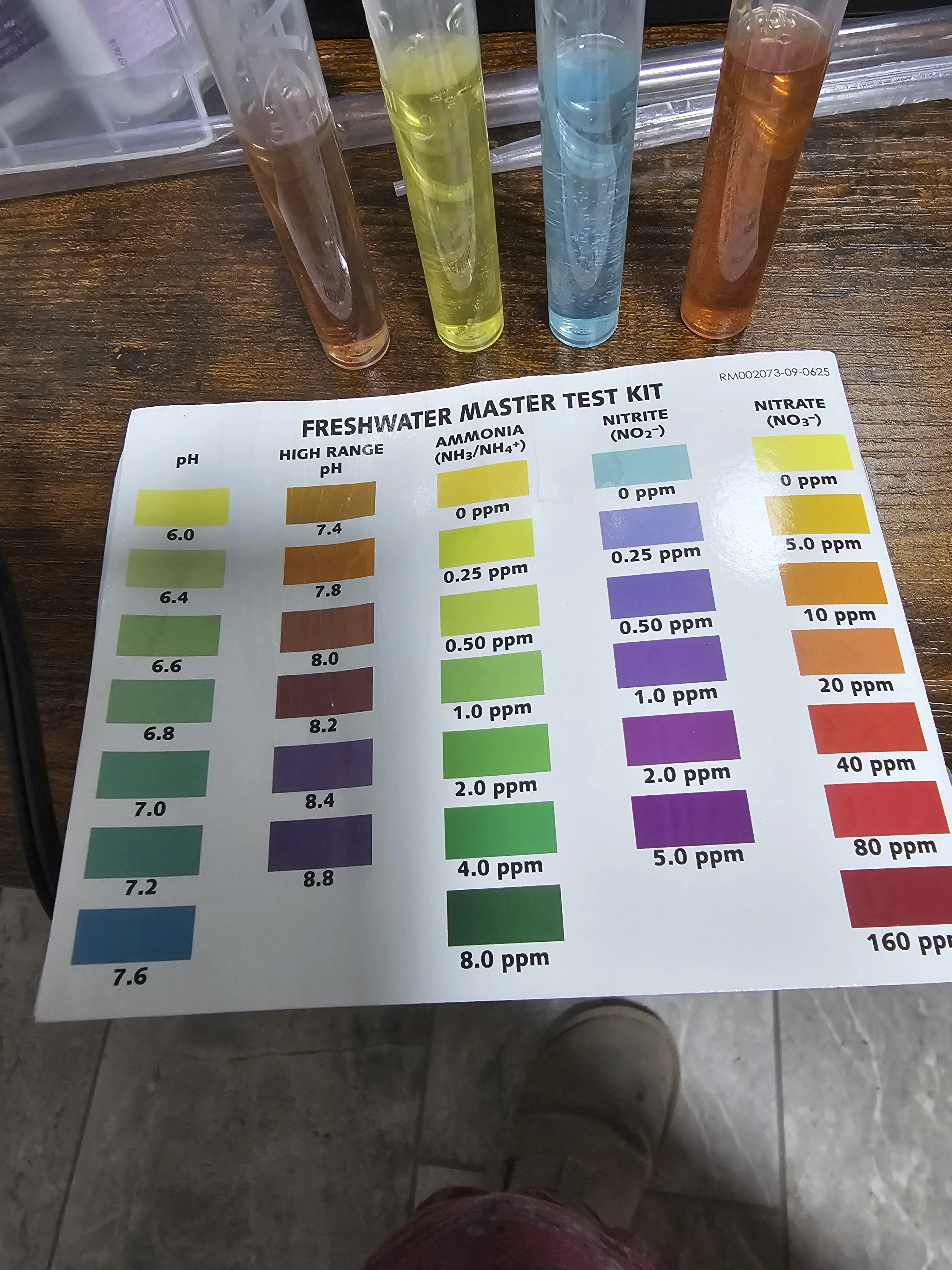 brown test tube indicates 7.5 pH, yellow test tube indicates 0 ppm ammonia, light blue test tube indicates 0 ppm nitrites, 
                orange test tube indicates approximately 20 ppm nitrates