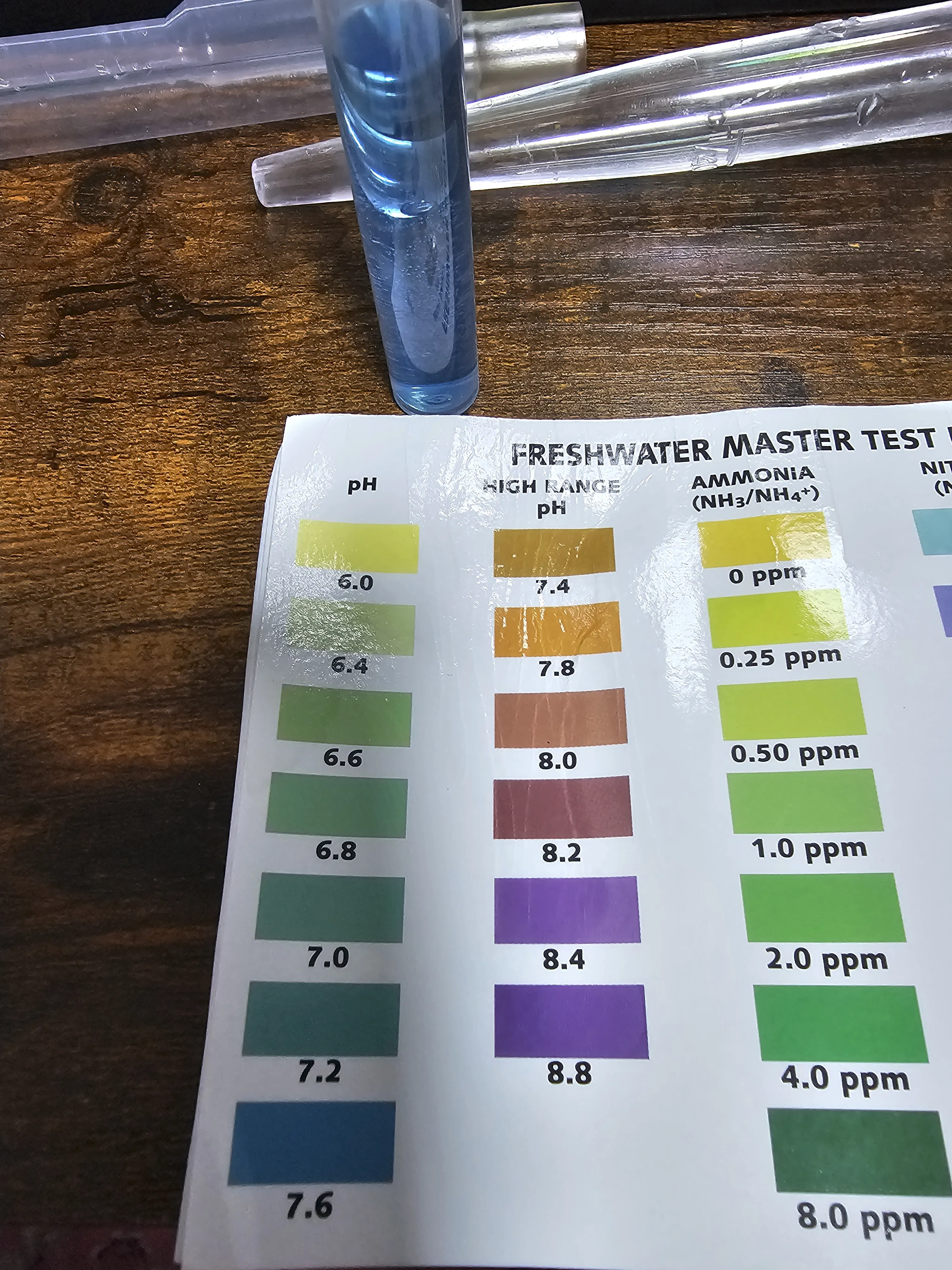 blue test tube from lower pH test confirms 7.5 pH
